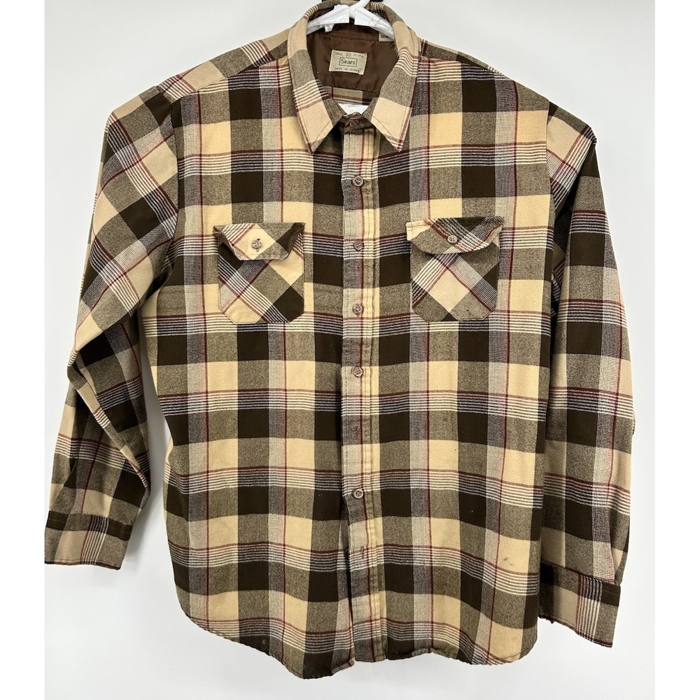 Vintage Sears Plaid Long Sleeve Button Down‎ Flannel Shirt Brown 17/17.5 Tall
